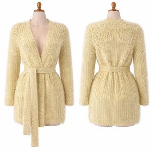 Anthropologie Pale Yellow Fuzzy Belted Cardigan Sweater